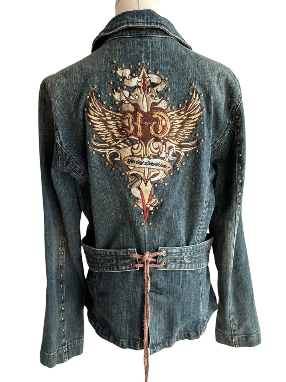 Harley Davidson 2008 Denim Blazer Jacket Women's Large Embroidered Wing Back